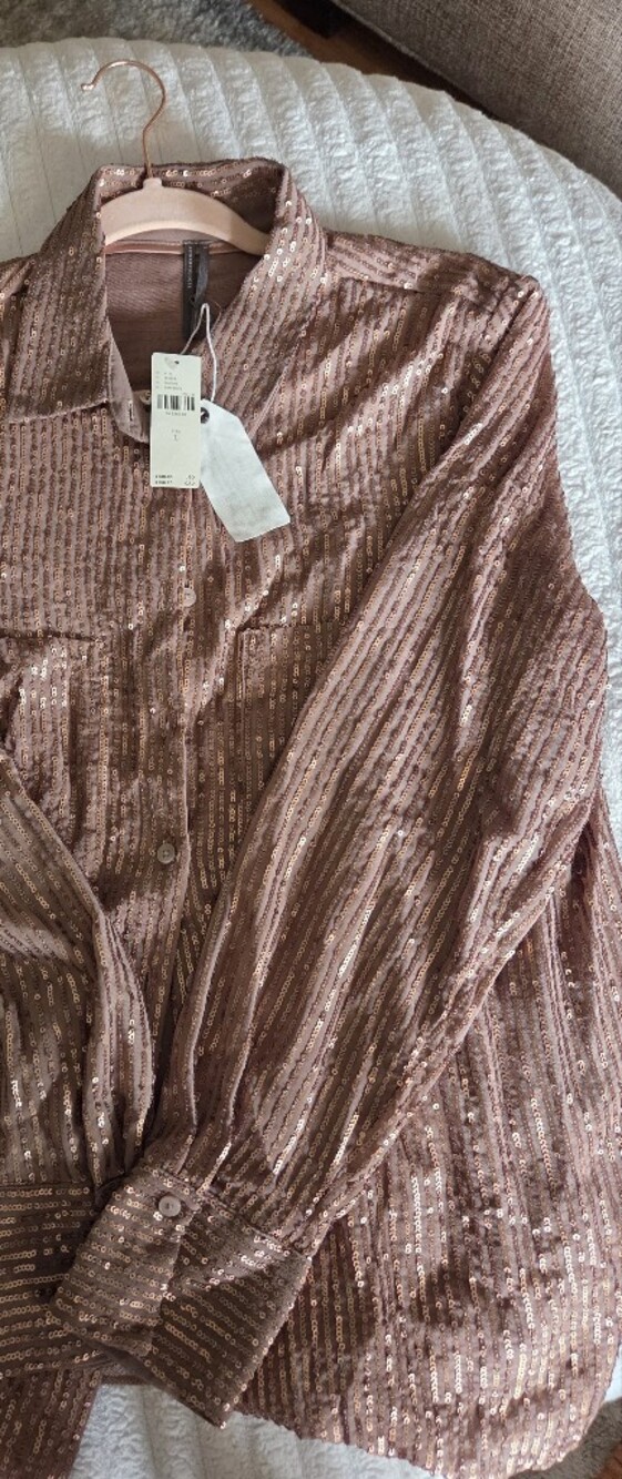 Anthropologie Rose Gold Sequin Button-Up Blouse